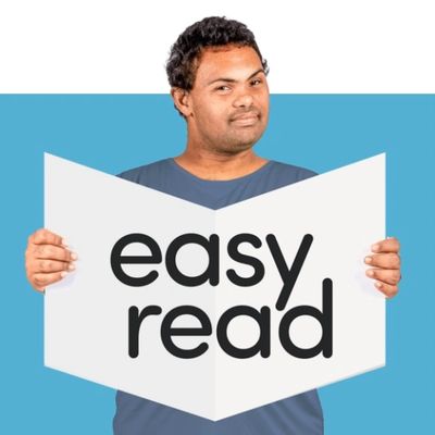 A graphic of a man holding a booklet which says Easy Read