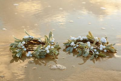Two garlands made of mistletoe float on water