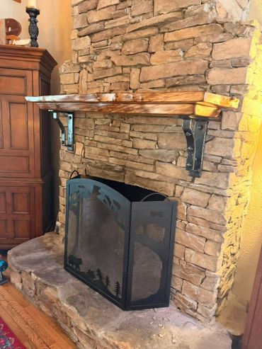 Live Edge Elm 2 tiered fireplace mantle/mantel with custom blacksmith steel brackets