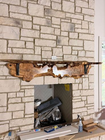 custom Live edge Maple Burl mantel/mantle with live edge maple burl backdrop and custom blacksmith s