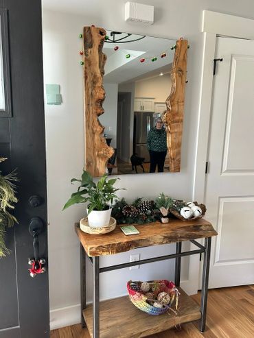 Live edge mirror and live edge entry table with steel base