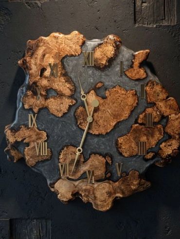 Maple burl and resin clock with gold hands and roman numerals