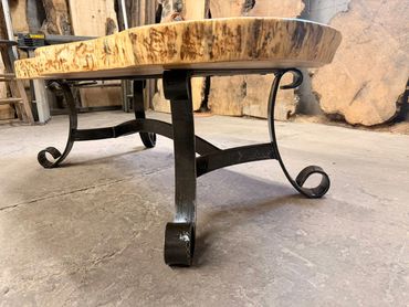 Maple coffee table with blacksmith steel scroll base