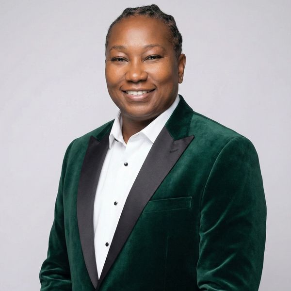Man smiling confidently in a green velvet blazer and white shirt.