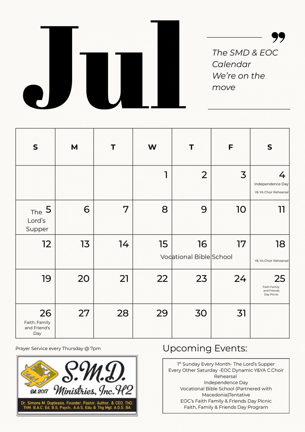 July calendar with church events and community activities.