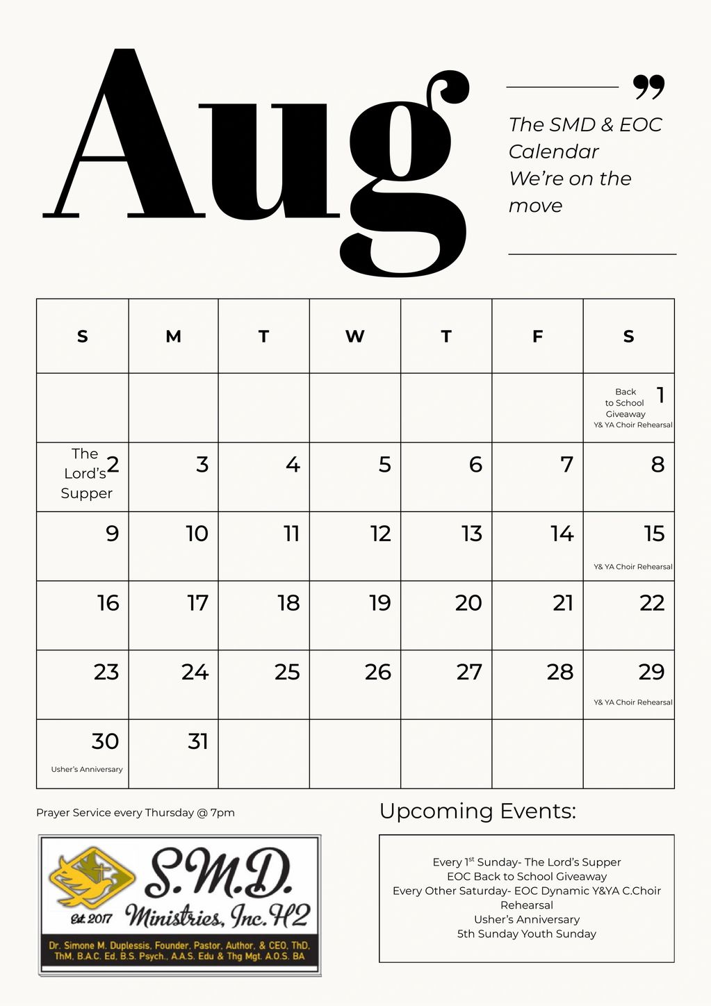 August calendar with church events and choir rehearsals.