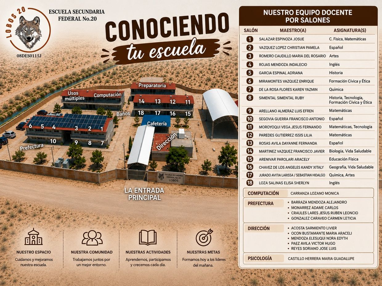 Mapa y lista de profesores de la Escuela Secundaria Federal No. 20 Lobos.