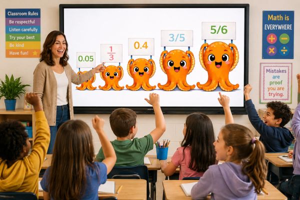Teacher teaching fractions with cute octopus illustrations to engaged students in classroom.