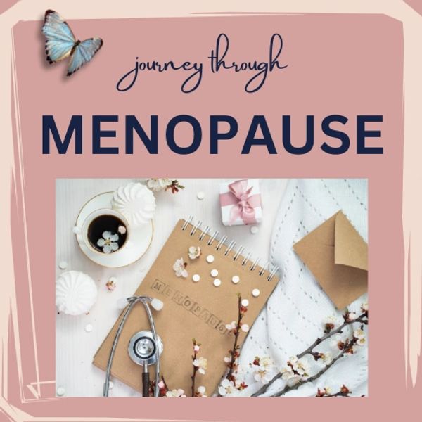 a journey through menopause sign with a butterfly and a pretty lacy white picture with a notebook, g