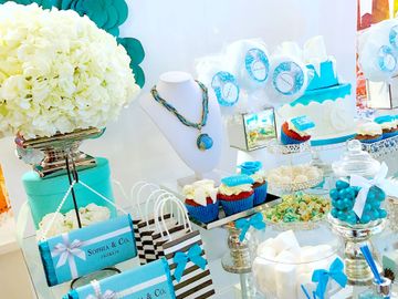 Cake table decor Tiffany & co party theme 