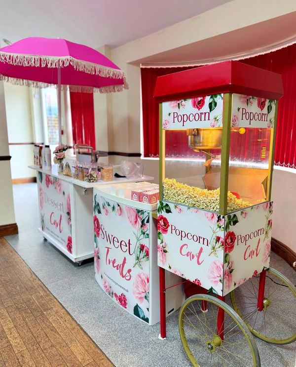 Floral waffles and popcorn hire branded