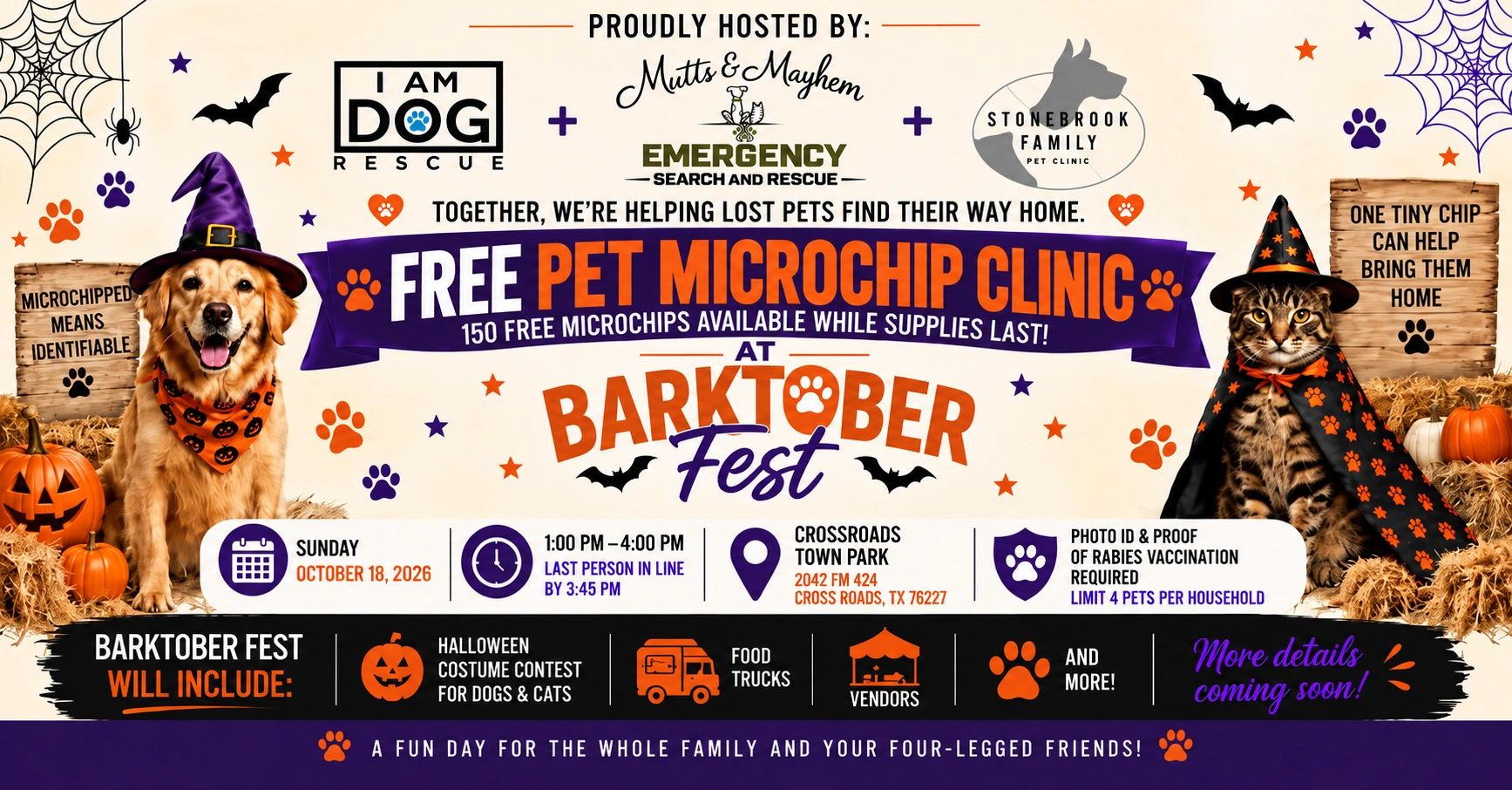 Free pet microchip clinic at Barktober Fest on October 18, 2026.