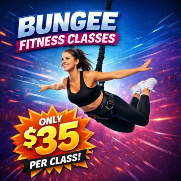 Woman enjoying bungee fitness with a promotional price of $35 per class.