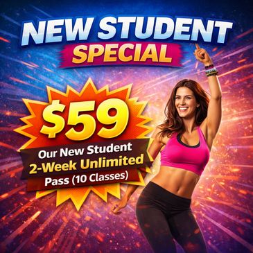 New student special offer: $59 for 2-week unlimited pass with 10 classes.