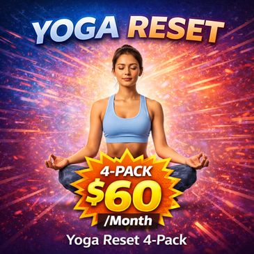 Woman meditating promoting Yoga Reset 4-Pack for $60/month.