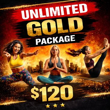 Vibrant ad for Unlimited Gold Package fitness at $120 with three women exercising.