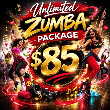 Vibrant advertisement for an unlimited Zumba package at $85 with energetic dancers and fitness gear.