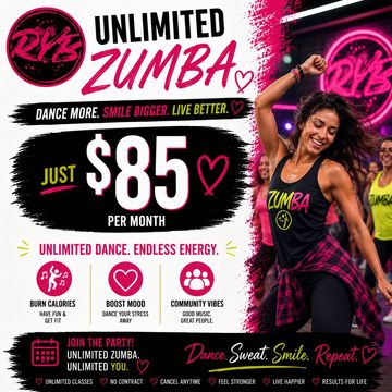Promotional flyer for unlimited Zumba classes at $85 per month.