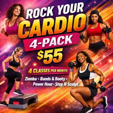 Vibrant fitness ad promoting a $55 cardio 4-pack with diverse women exercising.