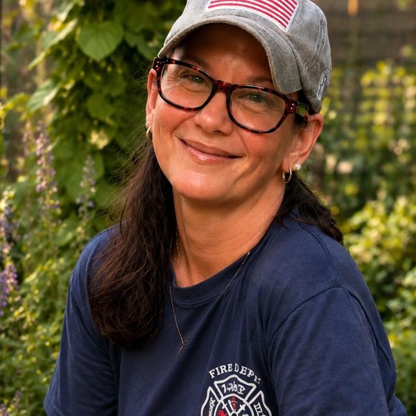 Smiling woman wearing glasses and a cap with an American flag.