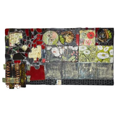 Abstract mosaic artwork with red, green, and beige tones.