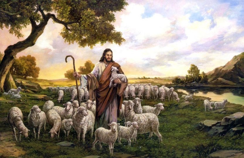 Jesus as the shepherd caring for his flock of sheep.
