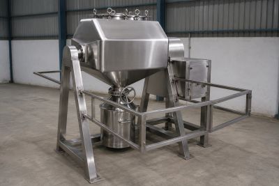 Industrial stainless steel mixing machine in a warehouse.