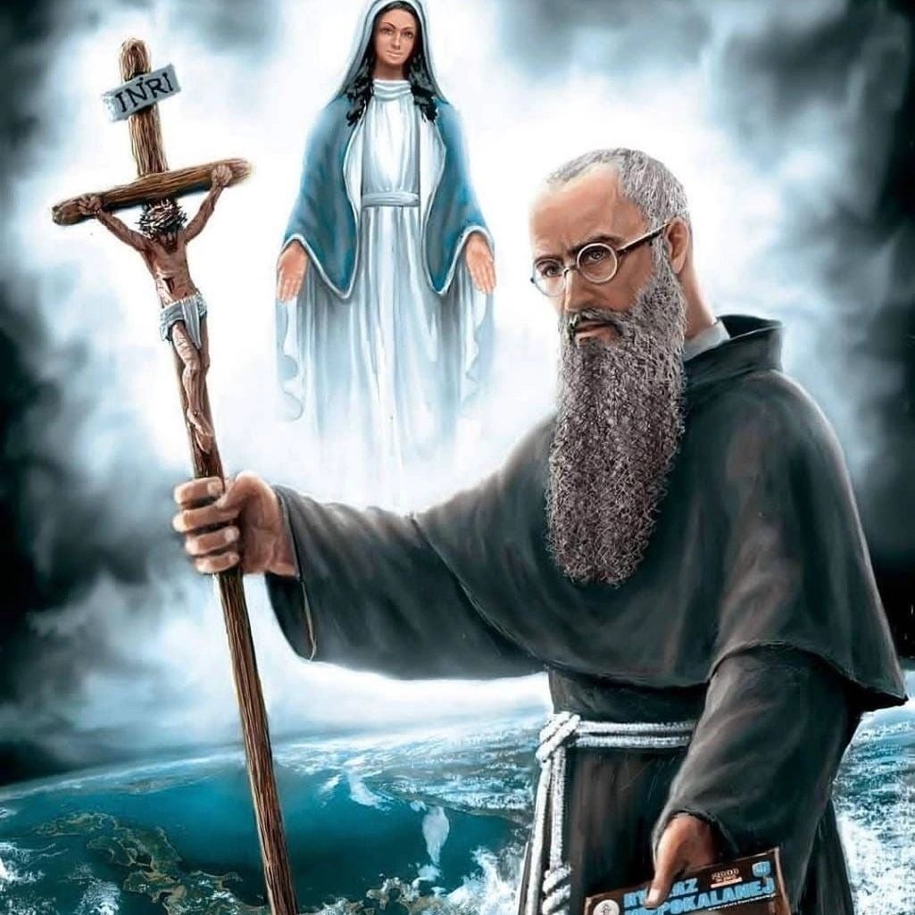 Religious figure holding a crucifix with Virgin Mary in the background over Earth.