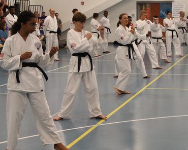 Line of black belt karate Tang Soo Do students awaiting instruction