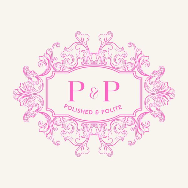 Elegant pink ornamental frame with initials P & P and slogan Polished & Polite.