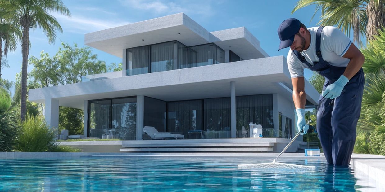 Man cleans pool water in front of a modern white house on a sunny day.