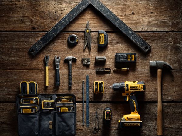 A collection of hand and power tools neatly arranged on wooden surface.