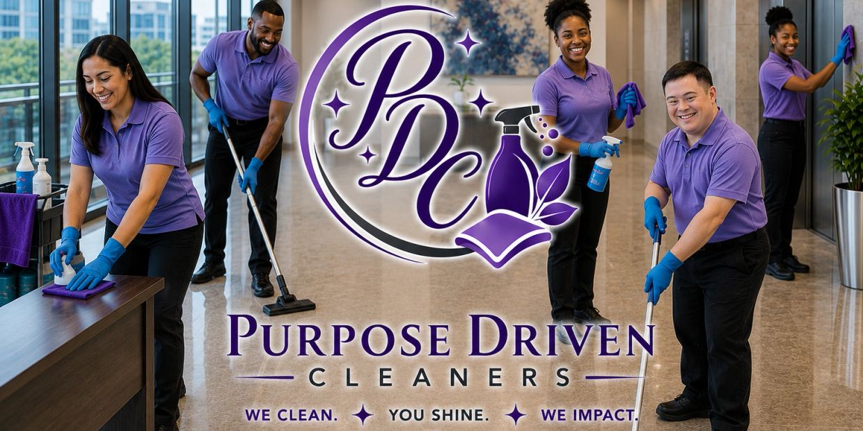 Cleaning team in purple uniforms working happily indoors.