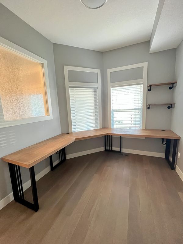 custom office desk with black metal legs
