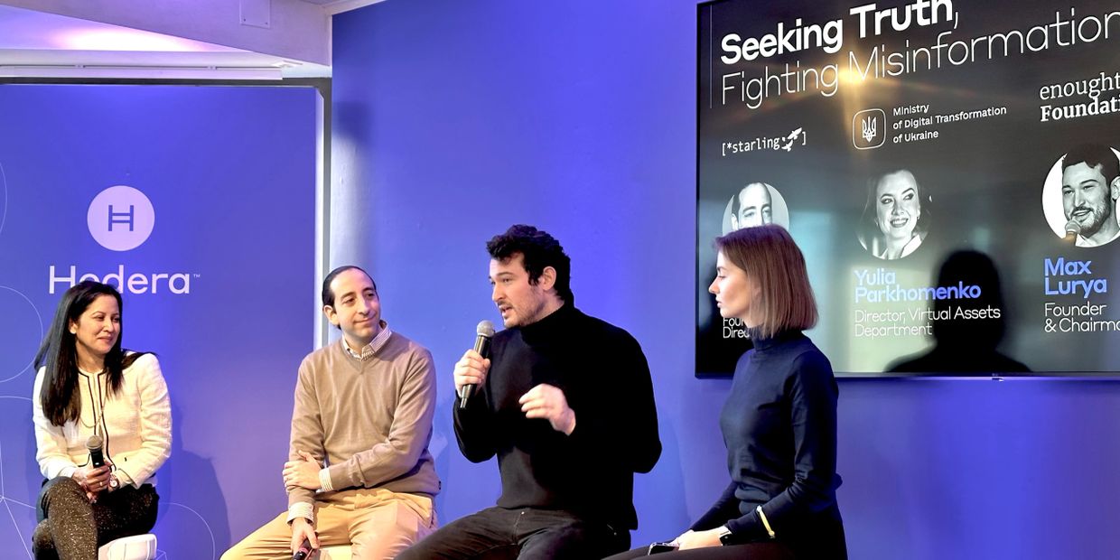 Max Lurya speaks at the World Economic Forum in Davos, Switzerland on fighting misinformation.