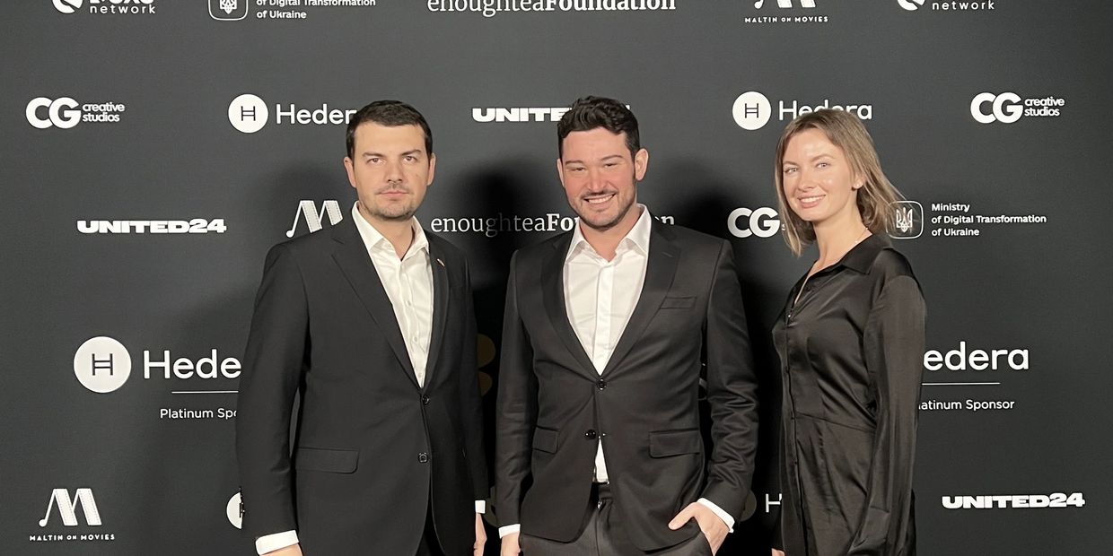 Max Lurya poses with counsel general to Ukraine in California, Dmytro Kushneruk at Ukraine FilmFest.