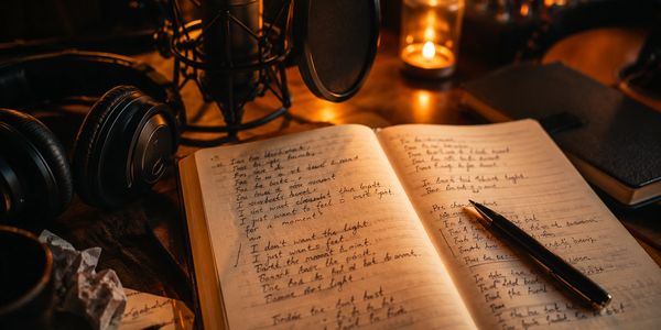 A cozy writing setup with handwritten notes, a pen, headphones, and a microphone.