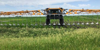 Large agricultural sprayer working on a green field.
