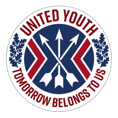 Logo with three arrows and oak leaves, reading 'United Youth' and 'Tomorrow Belongs to Us'.