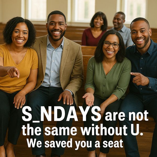 Smiling group invites you with a playful message about missing "U" on Sundays.