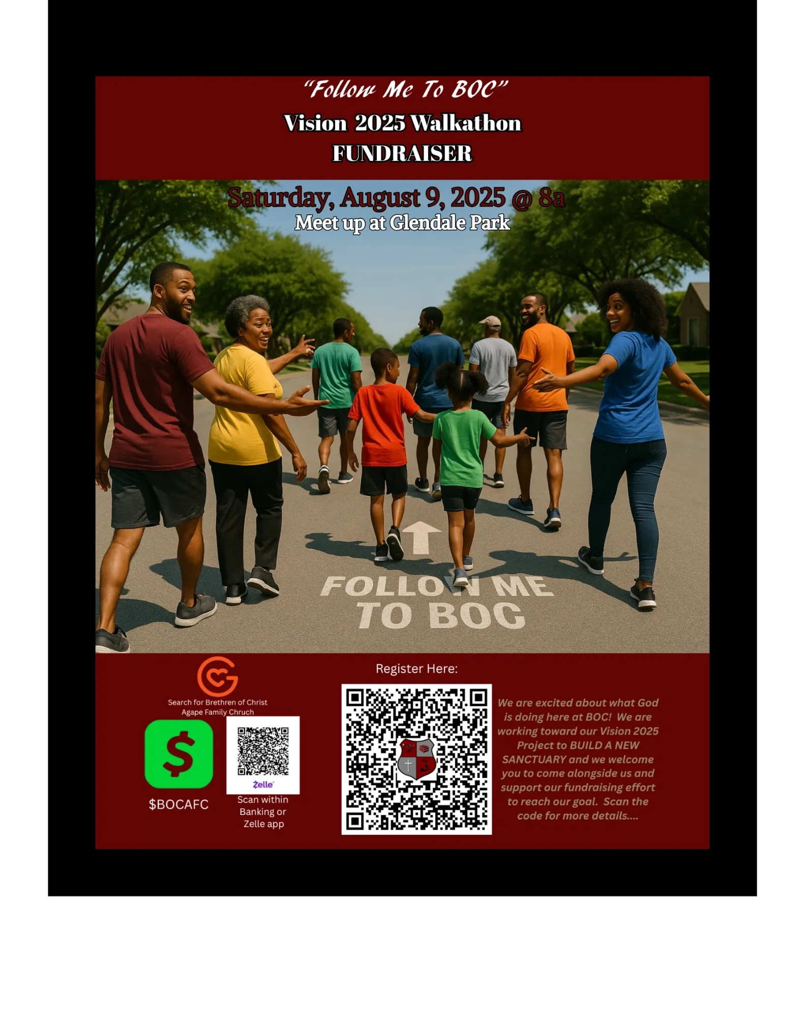 Group of happy walkers welcoming you to follow them to BOC for the Vision 2025 Walkathon Fundraiser.