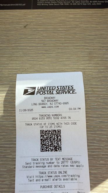 USPS receipt showing tracking numbers and QR code for package tracking. FedEx, UPS, USPS... DHL. We got you covered! ;-)