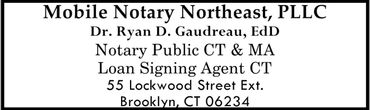 Business card for Mobile Notary Northeast with contact details of Dr. Ryan D. Gaudreau.