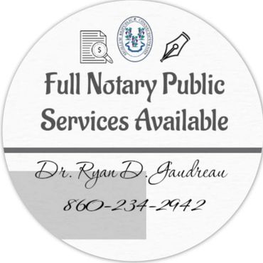 Notary services offered by Dr. Ryan D. Jaudreau with contact number 860-234-2942.