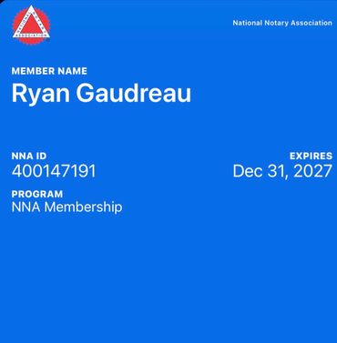 National Notary Association membership card for Ryan Gaudreau expiring in 2027.