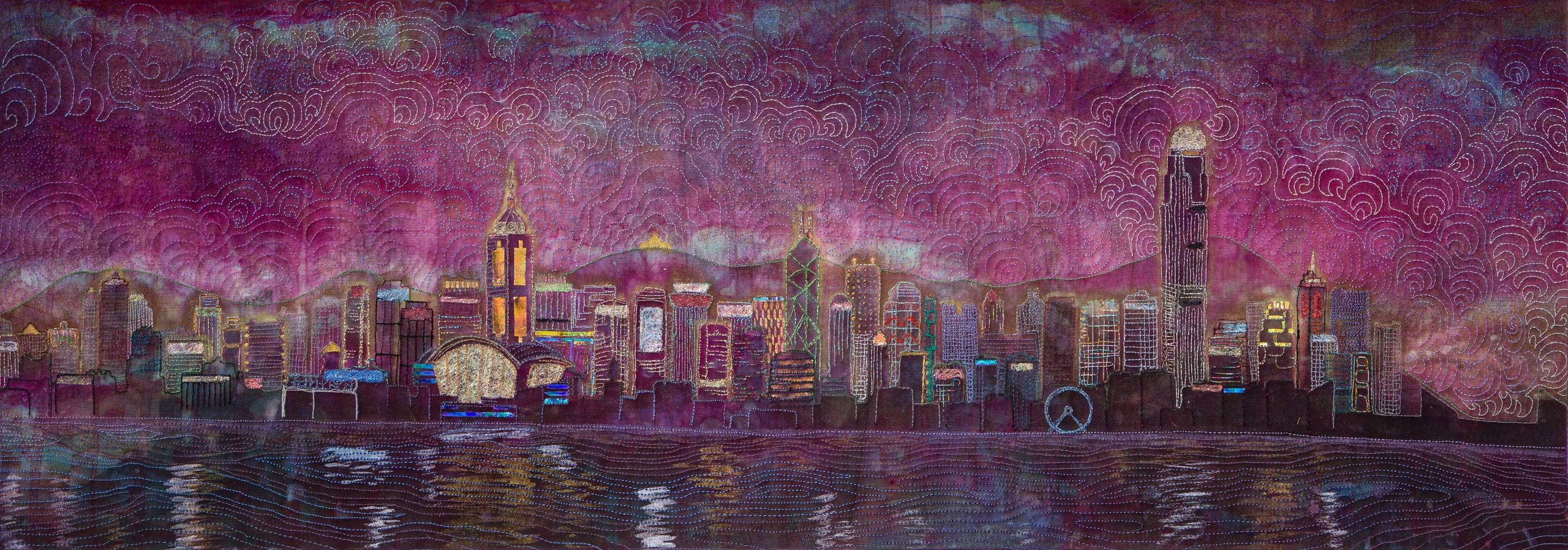 Cityscape, skyscrapers, art quilt, Hong Kong, moody purple, neons, LEDs, harbor, original art, fiber