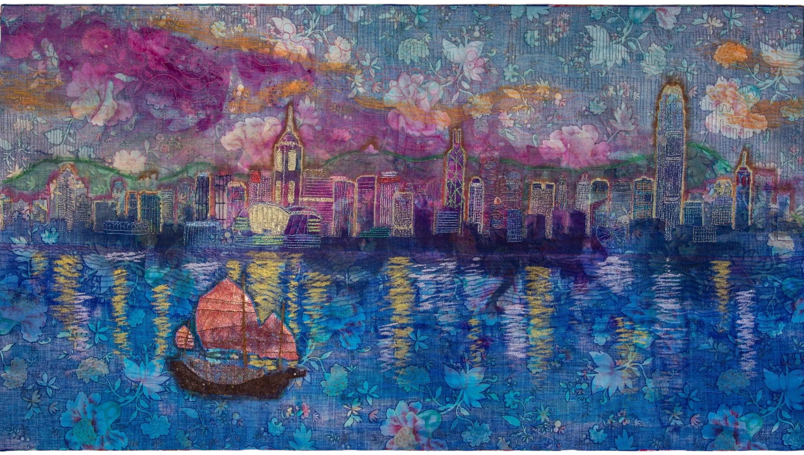 Cityscape, skyscrapers, art quilt, Hong Kong, colorful, harbor reflections, Junk boat, original art