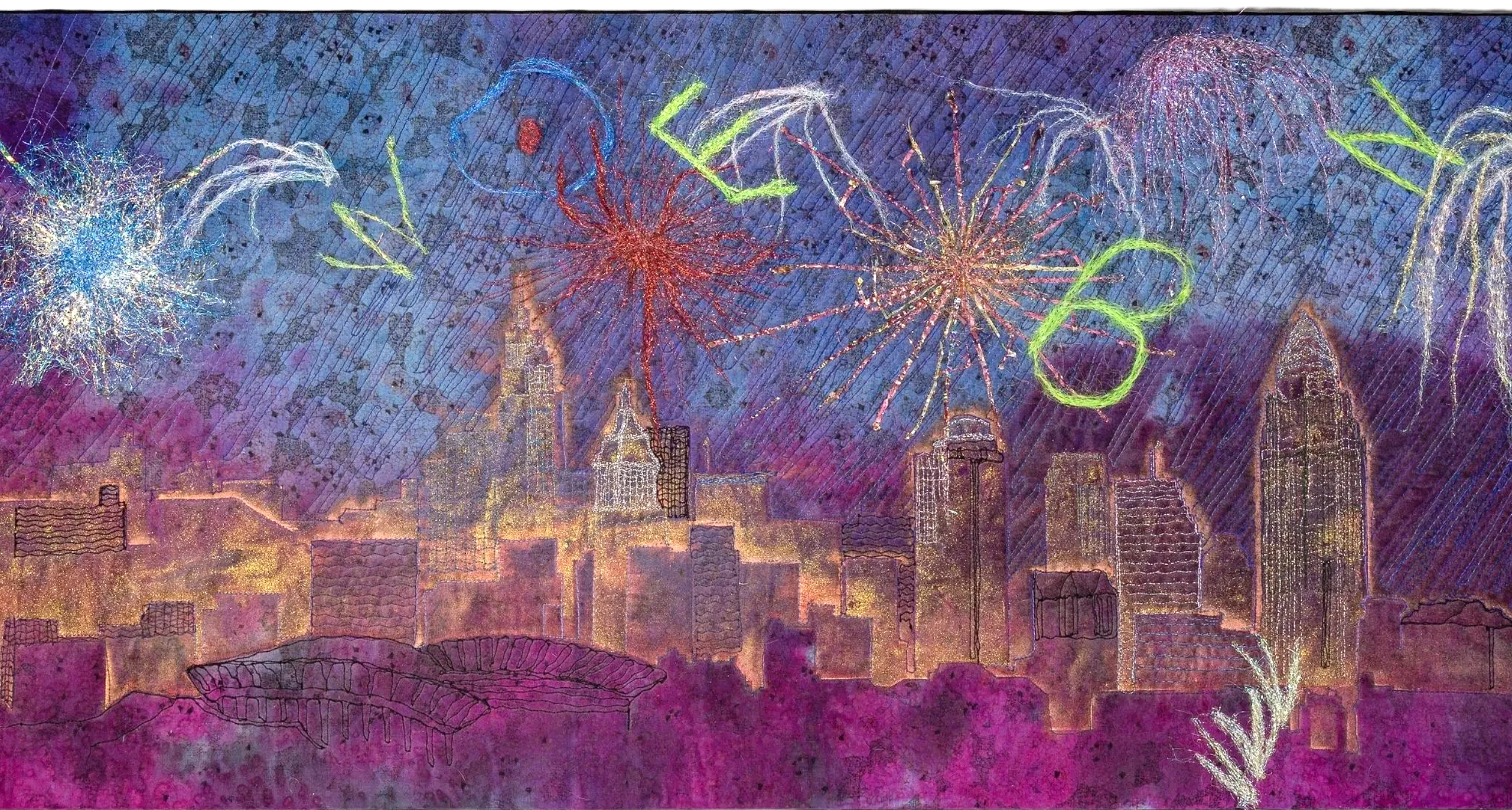 Cityscape, Fireworks, night sky, architecture, art quilt, glimmering, purple, blue, copper, thread