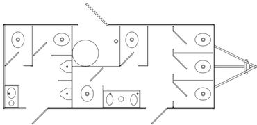 2 Door, 9 Stalls (5 Women's Stalls, and 2 Men's Stalls and 2 Urinal Stall)