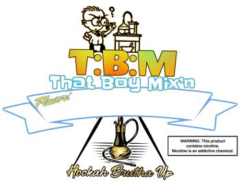 Logo for T.B.M That Boy Mix'n with hookah and nicotine warning.